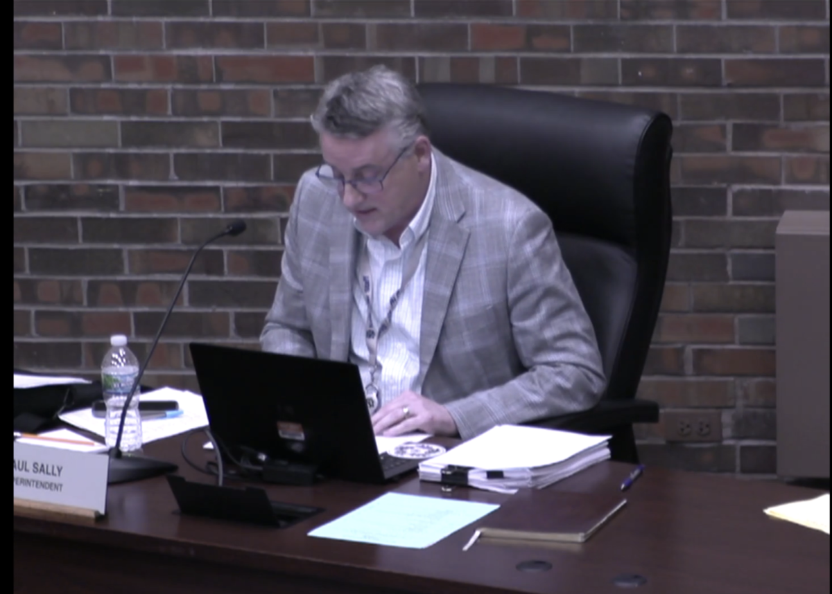 Superintendent Dr. Paul Sally speaks at New Trier Board of Education meeting on Feb. 20